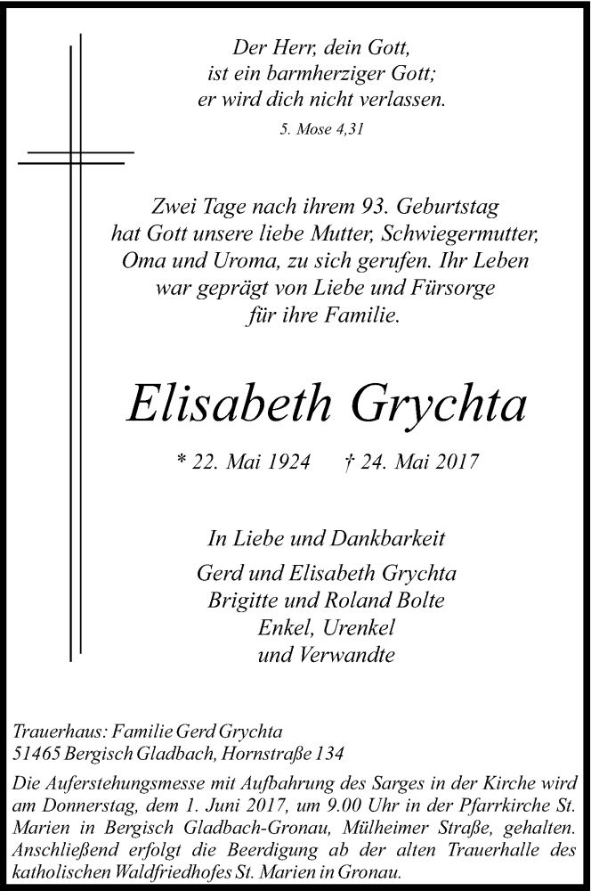  Traueranzeige für Elisabeth Grychta vom 27.05.2017 aus Kölner Stadt-Anzeiger / Kölnische Rundschau / Express