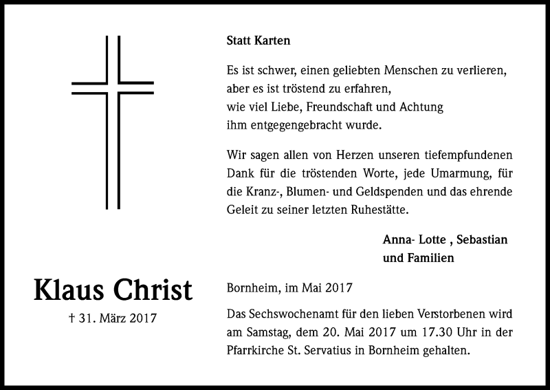  Traueranzeige für Klaus Christ vom 13.05.2017 aus Kölner Stadt-Anzeiger / Kölnische Rundschau / Express