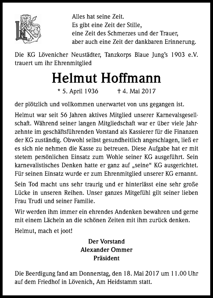  Traueranzeige für Helmut Hoffmann vom 20.05.2017 aus Kölner Stadt-Anzeiger / Kölnische Rundschau / Express