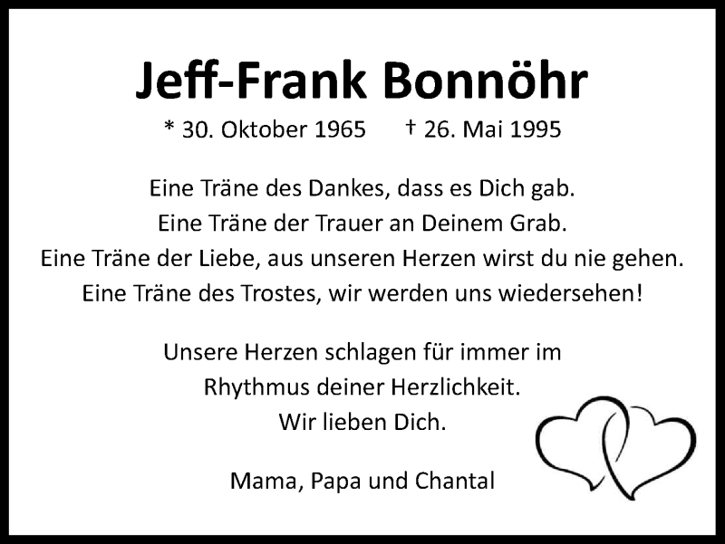  Traueranzeige für Jeff-Frank Bonnöhr vom 27.05.2017 aus Kölner Stadt-Anzeiger / Kölnische Rundschau / Express