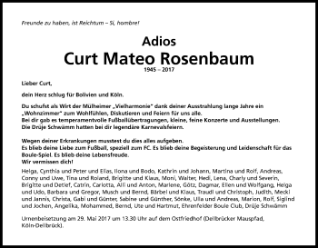 Anzeige von Curt Mateo Rosenbaum von Kölner Stadt-Anzeiger / Kölnische Rundschau / Express
