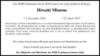 Anzeige von Hiroaki Mizuma von Kölner Stadt-Anzeiger / Kölnische Rundschau / Express