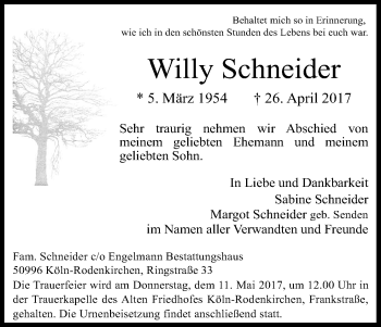 Anzeige von Willy Schneider von Kölner Stadt-Anzeiger / Kölnische Rundschau / Express