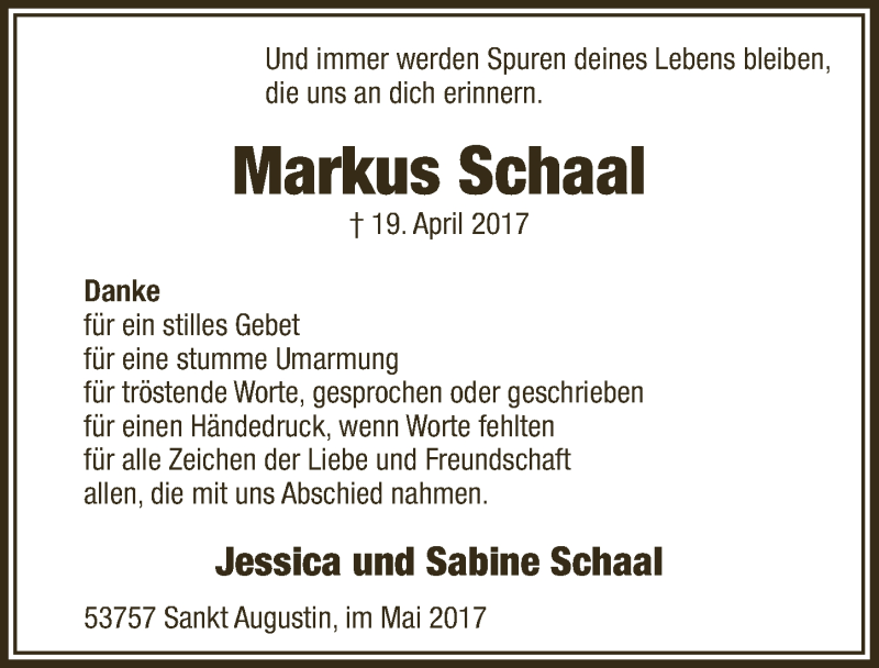  Traueranzeige für Markus Schaal vom 24.05.2017 aus  Extra Blatt 