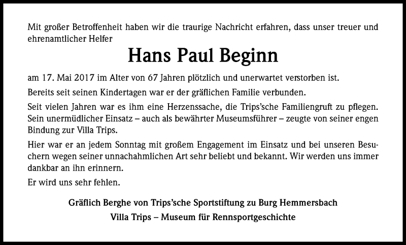  Traueranzeige für Hans Paul Beginn vom 24.05.2017 aus Kölner Stadt-Anzeiger / Kölnische Rundschau / Express