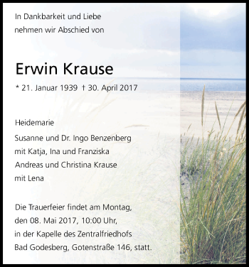 Anzeige von Erwin Krause von Kölner Stadt-Anzeiger / Kölnische Rundschau / Express