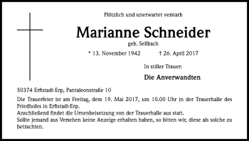 Anzeige von Marianne Schneider von Kölner Stadt-Anzeiger / Kölnische Rundschau / Express
