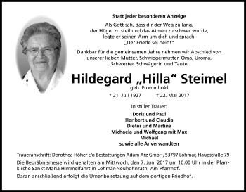 Anzeige von Hildegard Steimel von Kölner Stadt-Anzeiger / Kölnische Rundschau / Express