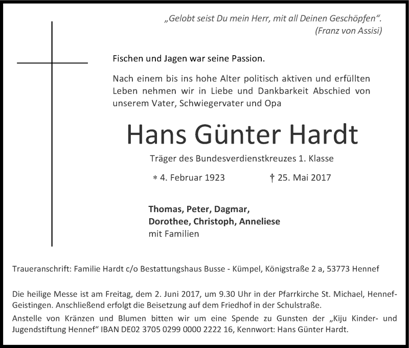  Traueranzeige für Hans Günter Hardt vom 27.05.2017 aus Kölner Stadt-Anzeiger / Kölnische Rundschau / Express