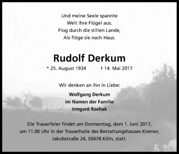 Anzeige von Rudolf Derkum von Kölner Stadt-Anzeiger / Kölnische Rundschau / Express