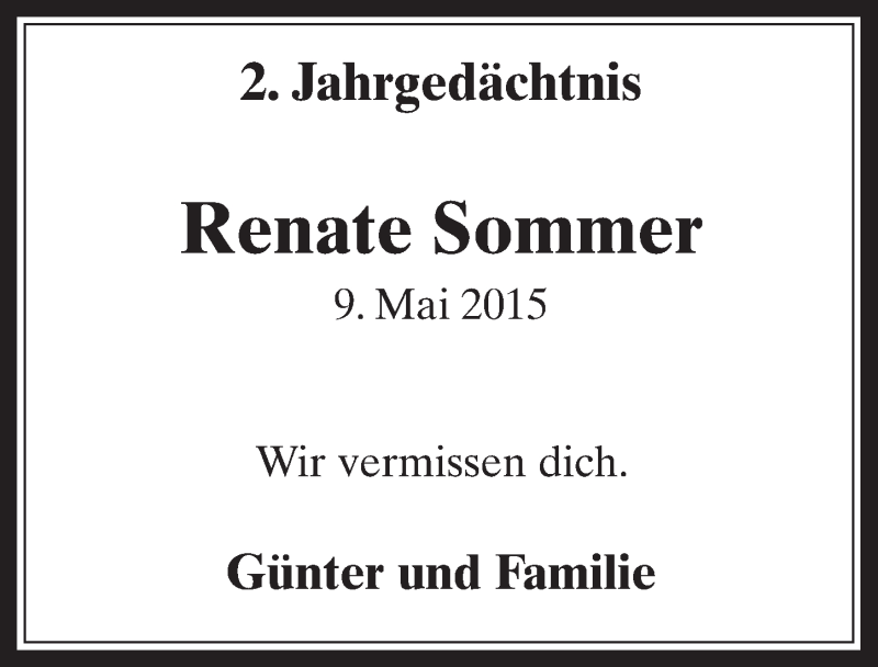  Traueranzeige für Renate Sommer vom 10.05.2017 aus  Werbepost 