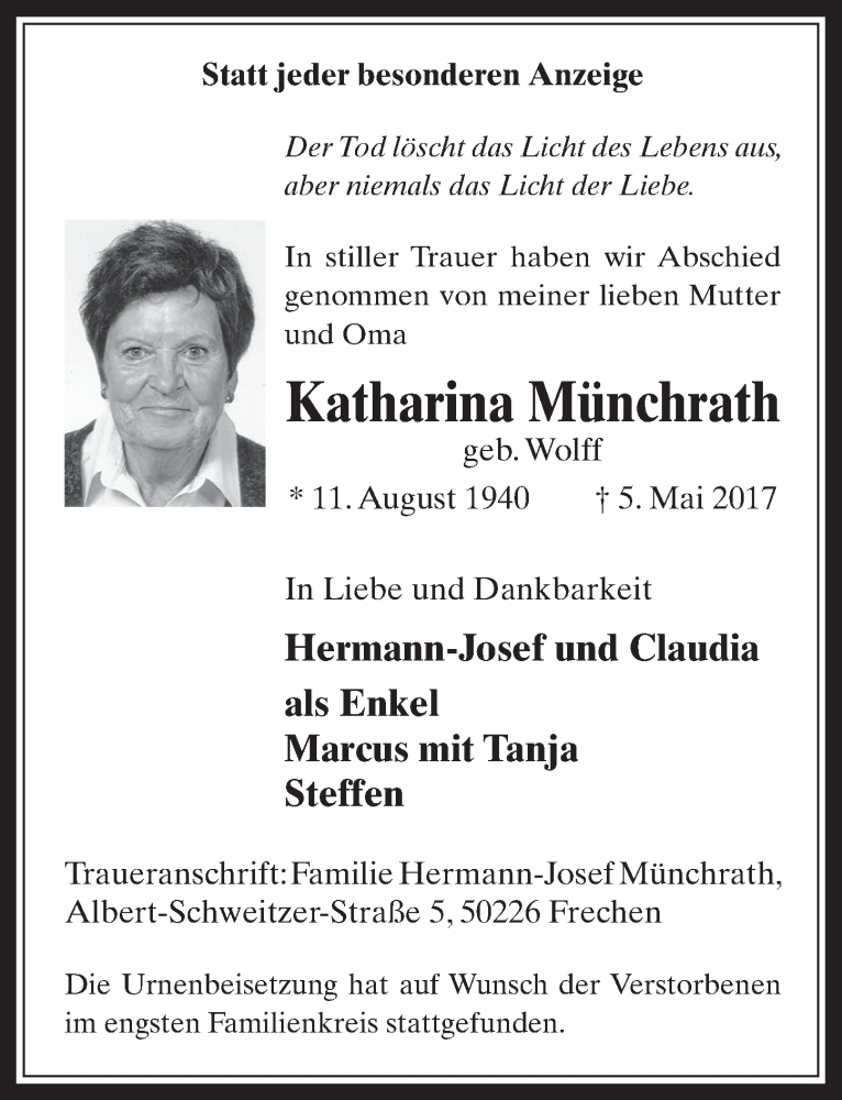  Traueranzeige für Katharina Münchrath vom 17.05.2017 aus  Wochenende 