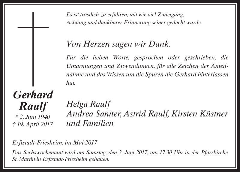  Traueranzeige für Gerhard Raulf vom 24.05.2017 aus  Werbepost 