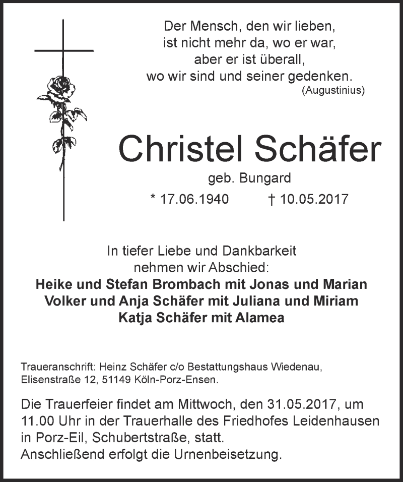  Traueranzeige für Christel Schäfer vom 24.05.2017 aus  Kölner Wochenspiegel 