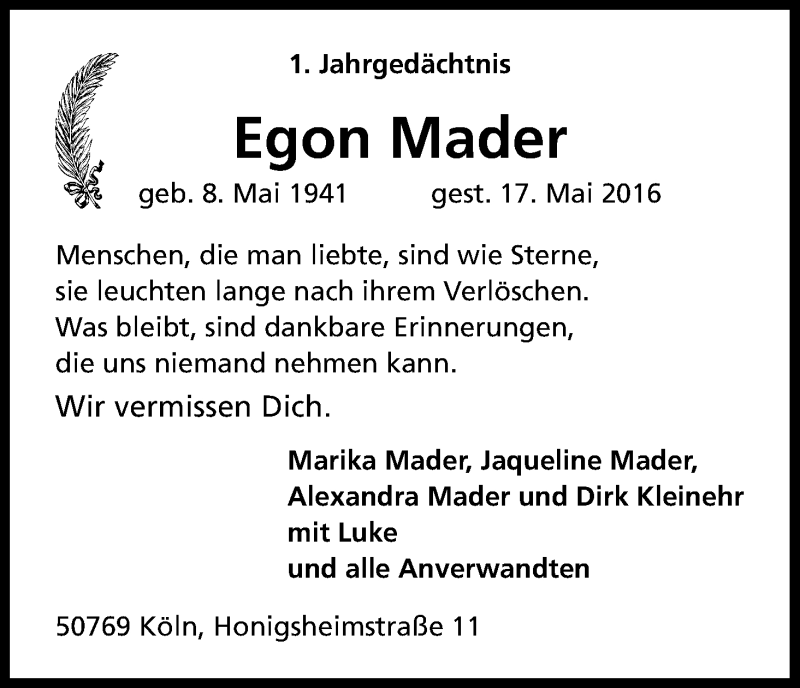  Traueranzeige für Egon Mader vom 19.05.2017 aus Kölner Stadt-Anzeiger / Kölnische Rundschau / Express