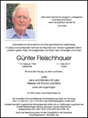 Anzeige von Günter Fleischhauer von Kölner Stadt-Anzeiger / Kölnische Rundschau / Express
