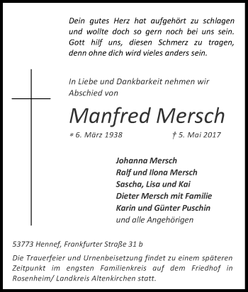 Anzeige von Manfred Mersch von Kölner Stadt-Anzeiger / Kölnische Rundschau / Express