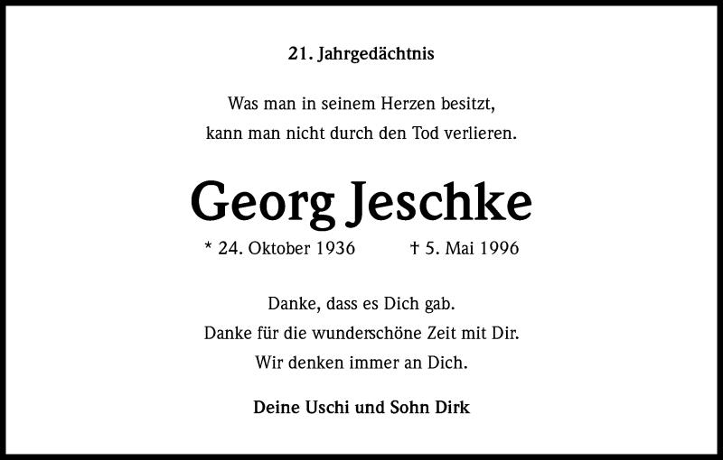  Traueranzeige für Georg Jeschke vom 05.05.2017 aus Kölner Stadt-Anzeiger / Kölnische Rundschau / Express