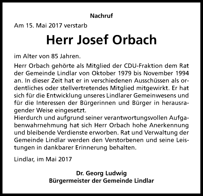  Traueranzeige für Josef Orbach vom 20.05.2017 aus Kölner Stadt-Anzeiger / Kölnische Rundschau / Express