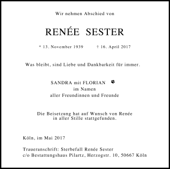 Anzeige von Renée Sester von Kölner Stadt-Anzeiger / Kölnische Rundschau / Express