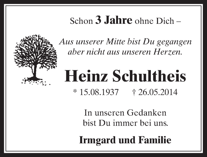  Traueranzeige für Heinz Schultheis vom 27.05.2017 aus  Sonntags-Post 