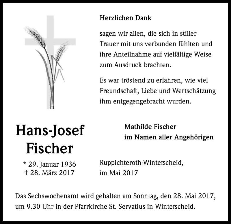  Traueranzeige für Hans Josef Fischer vom 12.05.2017 aus Kölner Stadt-Anzeiger / Kölnische Rundschau / Express