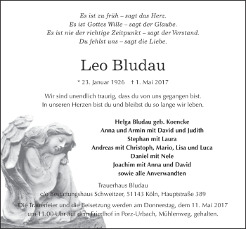 Anzeige von Leo Bludau von  Kölner Wochenspiegel 