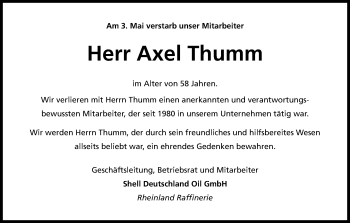 Anzeige von Axel Thumm von Kölner Stadt-Anzeiger / Kölnische Rundschau / Express