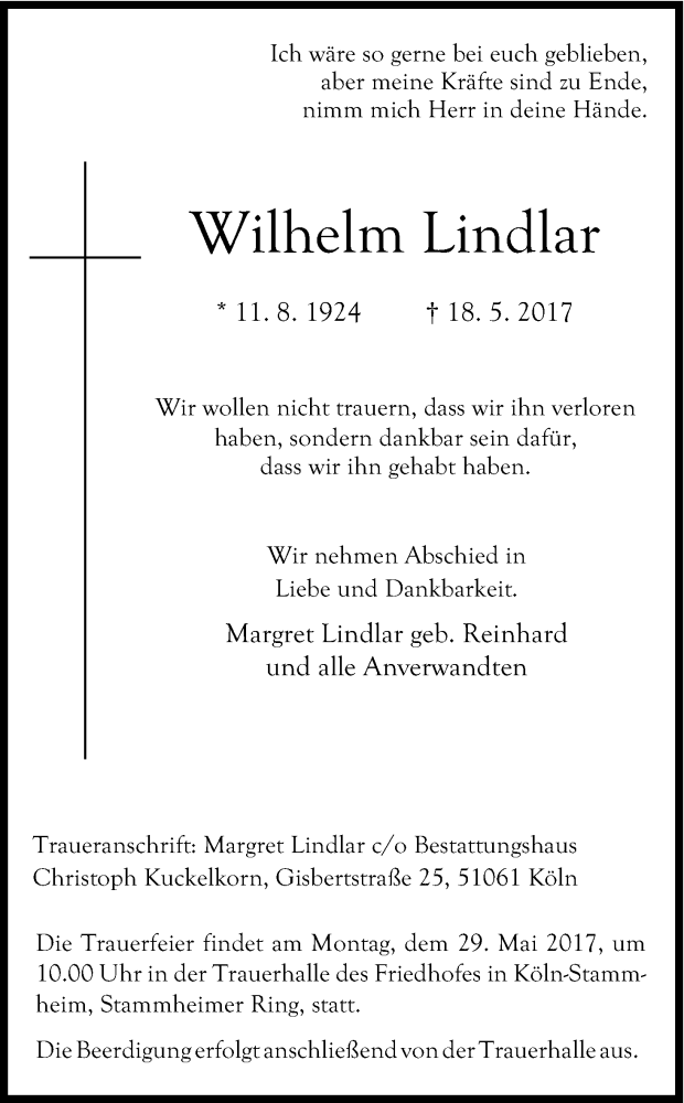  Traueranzeige für Wilhelm Lindlar vom 27.05.2017 aus Kölner Stadt-Anzeiger / Kölnische Rundschau / Express