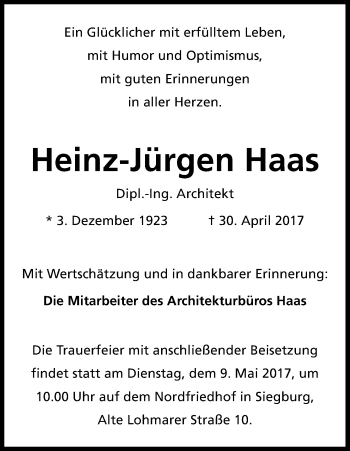 Anzeige von Heinz-Jürgen Haas von Kölner Stadt-Anzeiger / Kölnische Rundschau / Express