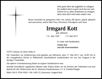 Anzeige von Irmgard Kott von Kölner Stadt-Anzeiger / Kölnische Rundschau / Express