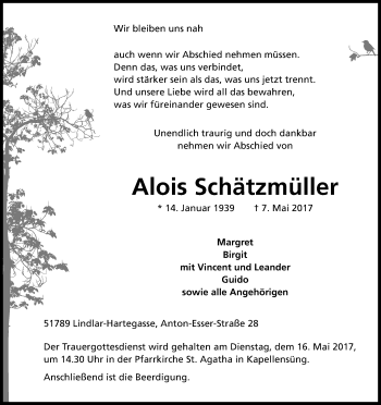 Anzeige von Alois Schätzmüller von Kölner Stadt-Anzeiger / Kölnische Rundschau / Express