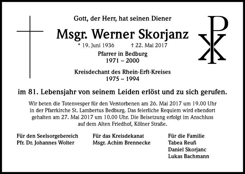  Traueranzeige für Werner Skorjanz vom 25.05.2017 aus Kölner Stadt-Anzeiger / Kölnische Rundschau / Express