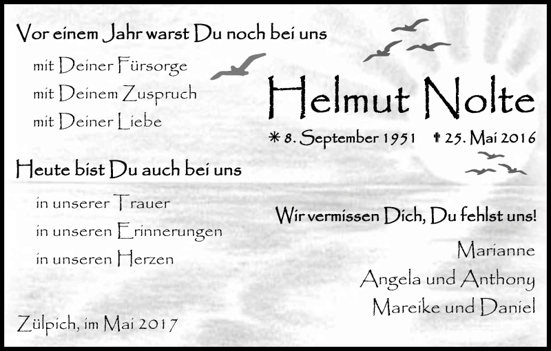 Traueranzeige für Helmut Nolte vom 20.05.2017 aus Kölner Stadt-Anzeiger / Kölnische Rundschau / Express