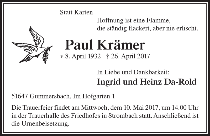 Traueranzeige für Paul Krämer vom 03.05.2017 aus  Anzeigen Echo 