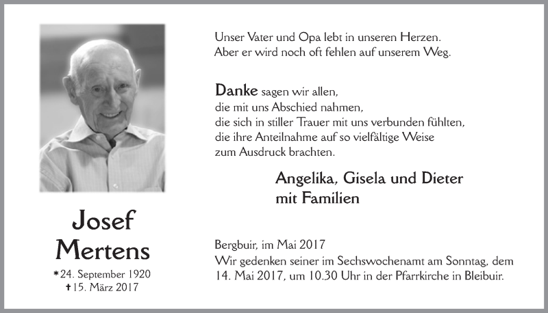  Traueranzeige für Josef Mertens vom 06.05.2017 aus  Blickpunkt Euskirchen 