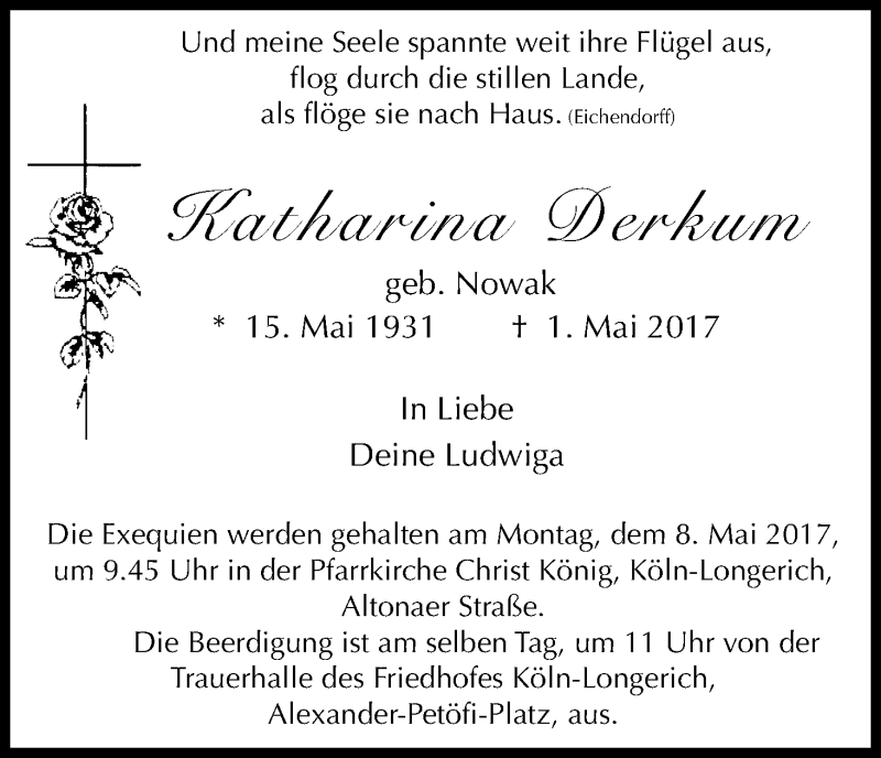  Traueranzeige für Katharina Derkum vom 06.05.2017 aus Kölner Stadt-Anzeiger / Kölnische Rundschau / Express