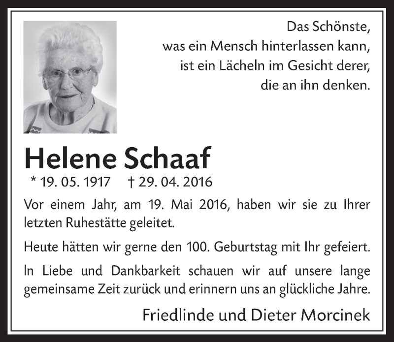  Traueranzeige für Helene Schaaf vom 17.05.2017 aus  Werbepost 