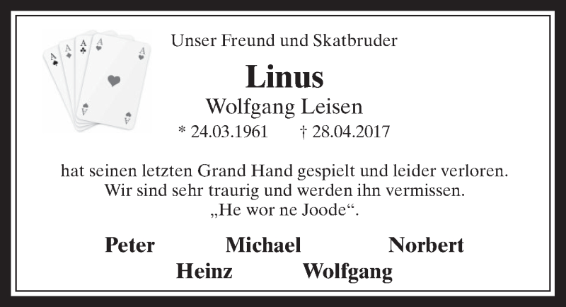  Traueranzeige für Linus Wolfgang Leisen vom 06.05.2017 aus  Sonntags-Post 