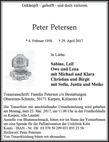 Anzeige von Peter Petersen von  Sonntags-Post 