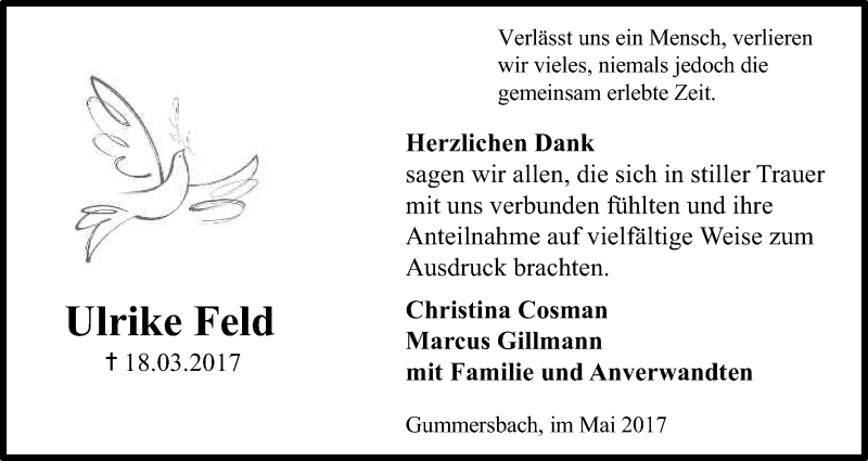  Traueranzeige für Ulrike Feld vom 12.05.2017 aus Kölner Stadt-Anzeiger / Kölnische Rundschau / Express