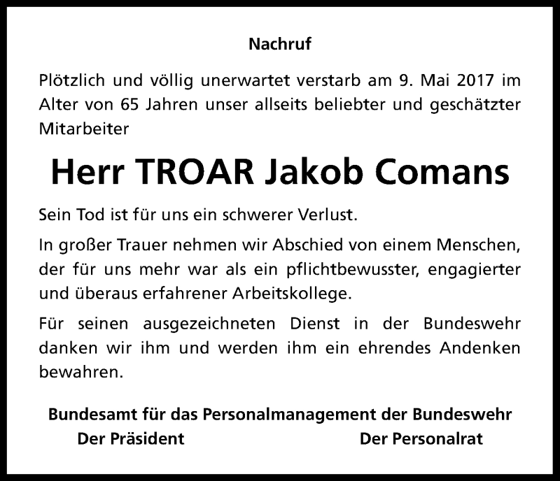 Traueranzeige für Jakob Comans vom 13.05.2017 aus Kölner Stadt-Anzeiger / Kölnische Rundschau / Express