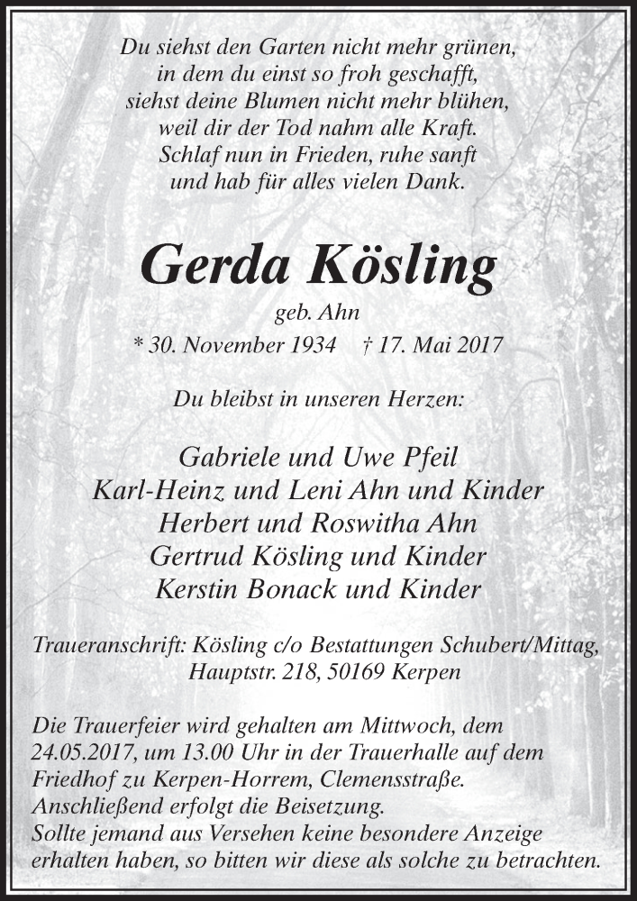  Traueranzeige für Gerda Kösling vom 20.05.2017 aus  Sonntags-Post 