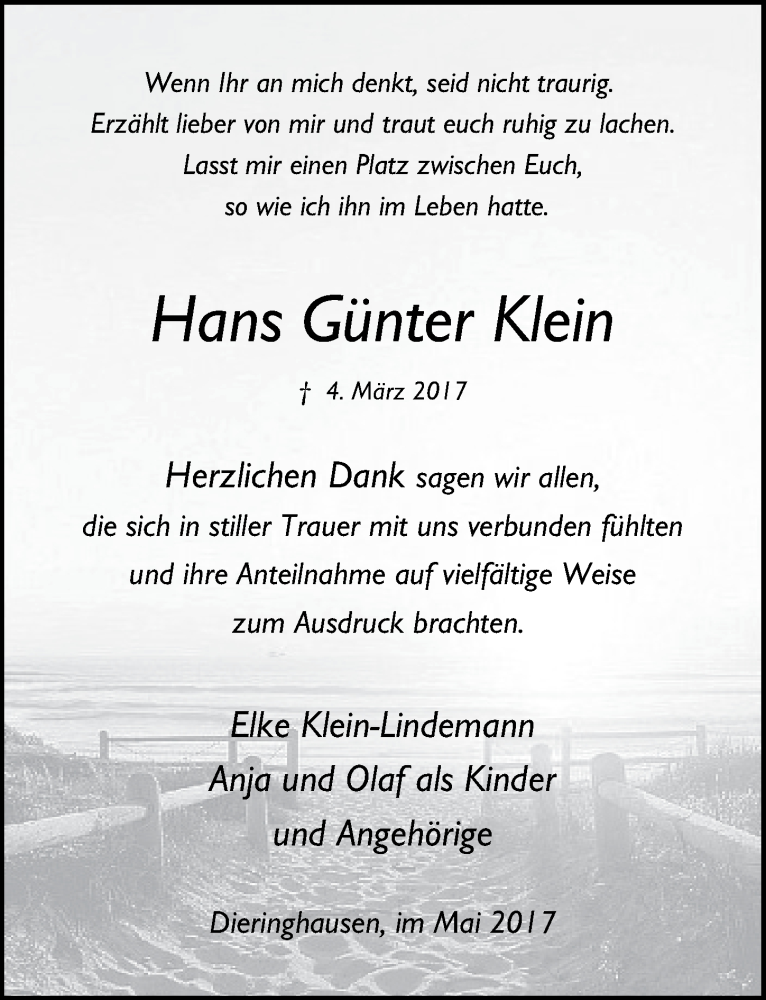  Traueranzeige für Hans Günter Klein vom 10.05.2017 aus  Anzeigen Echo 