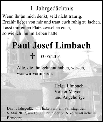 Anzeige von Paul Josef Limbach von Kölner Stadt-Anzeiger / Kölnische Rundschau / Express