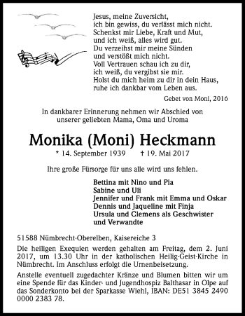 Anzeige von Monika Heckmann von Kölner Stadt-Anzeiger / Kölnische Rundschau / Express