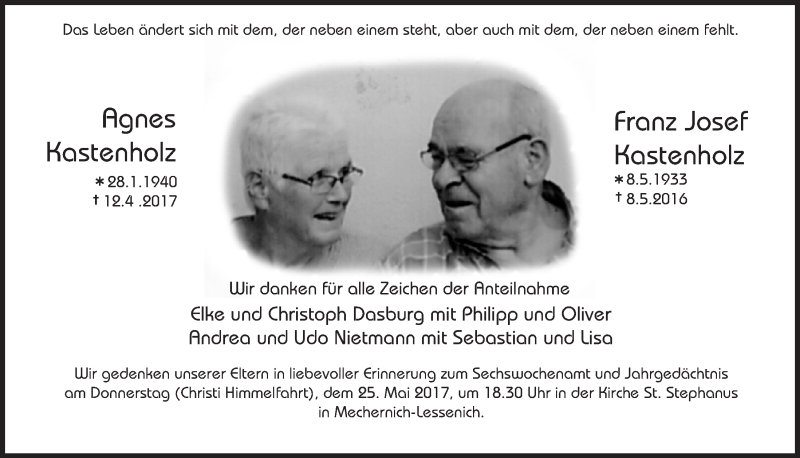  Traueranzeige für Agnes/Franz Josef Kastenholz vom 20.05.2017 aus  Blickpunkt Euskirchen 