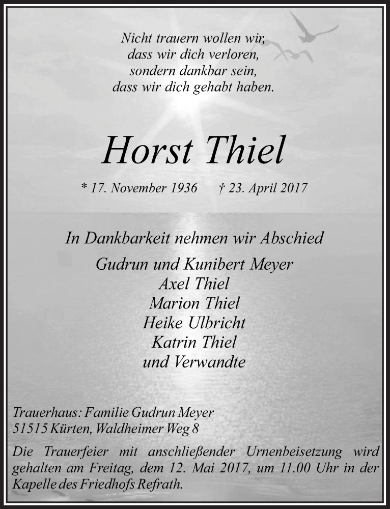  Traueranzeige für Horst Thiel vom 17.05.2017 aus  Bergisches Handelsblatt 