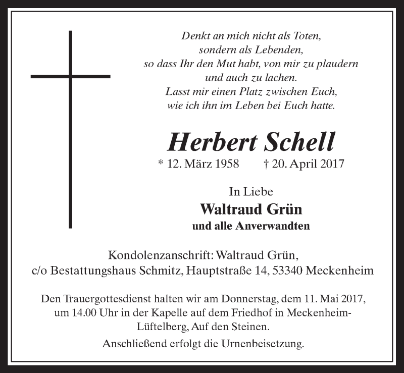  Traueranzeige für Herbert Schell vom 03.05.2017 aus  Schaufenster/Blickpunkt 