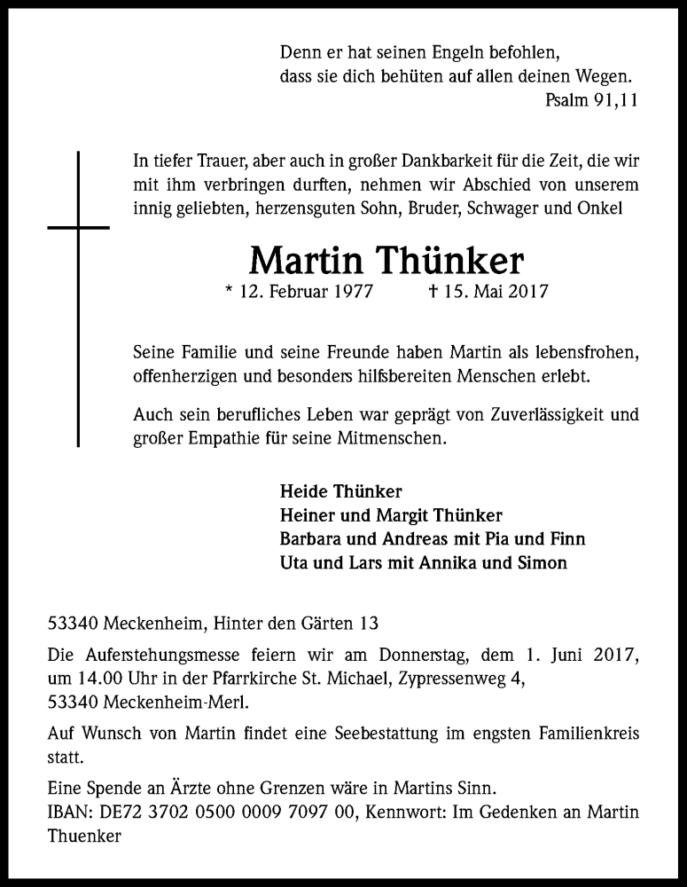  Traueranzeige für Martin Thünker vom 27.05.2017 aus Kölner Stadt-Anzeiger / Kölnische Rundschau / Express